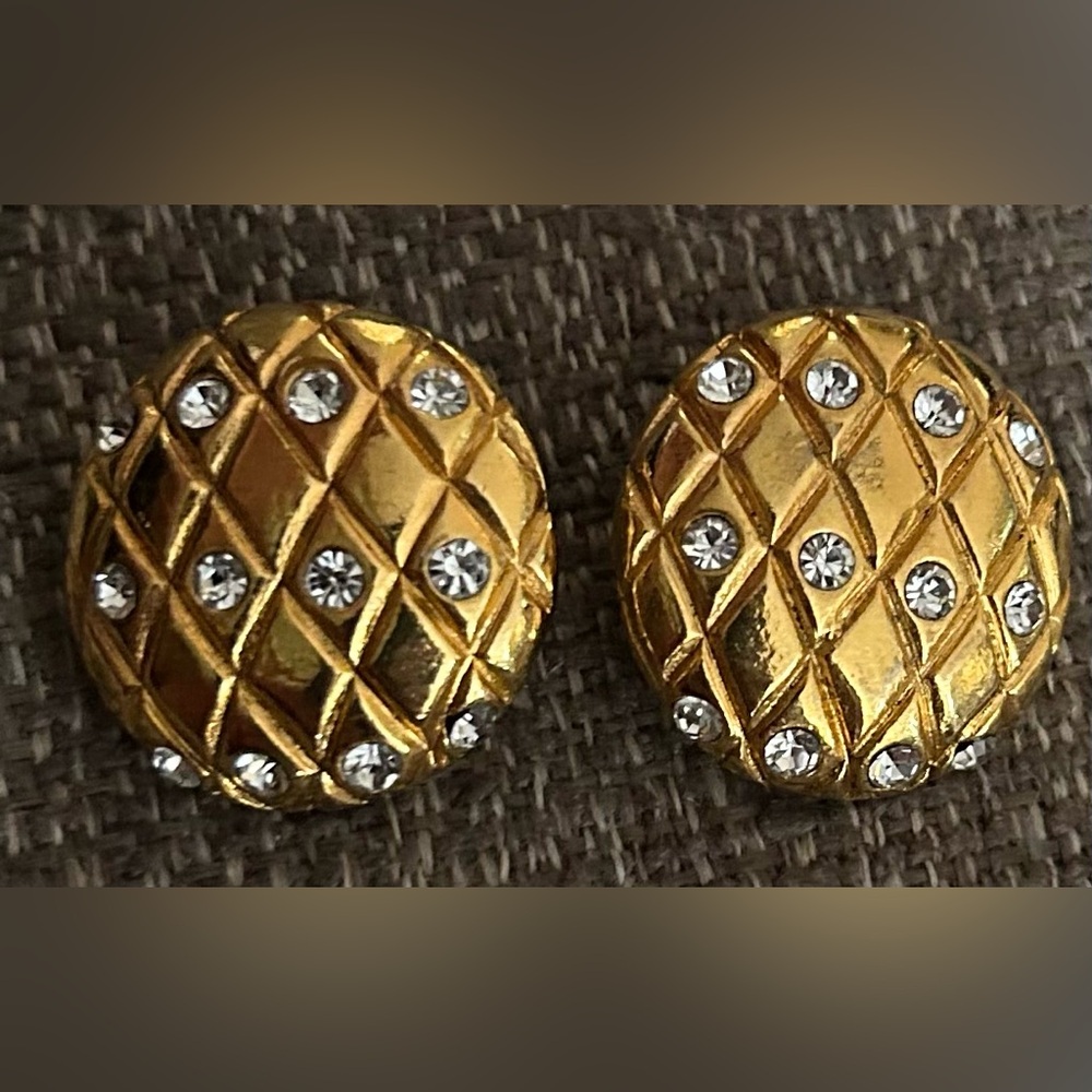 CHANEL Signed Vintage Gold Plated, Crystal Clip-On Earrings